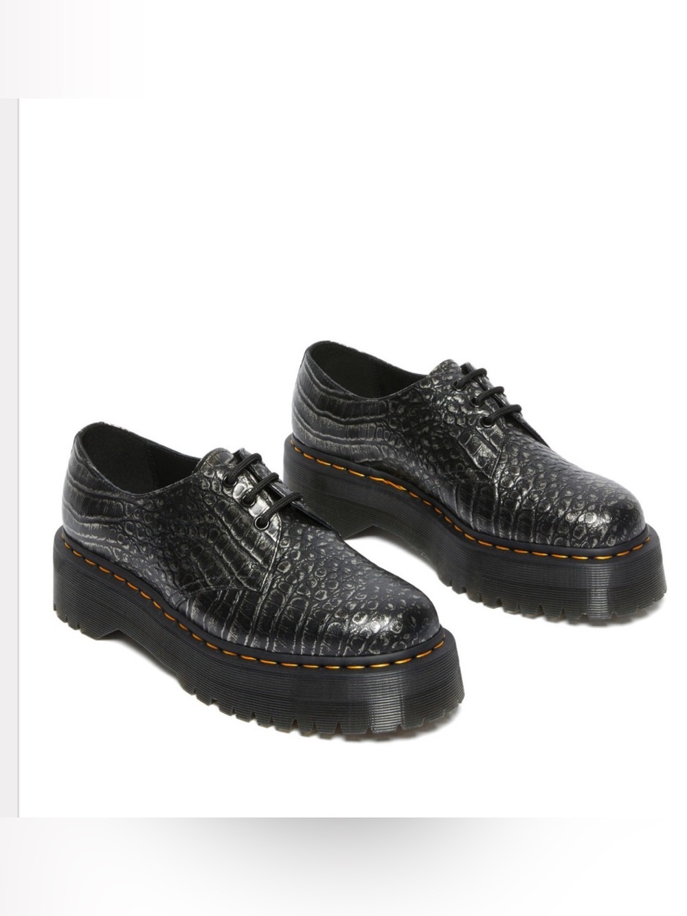 Dr. Martens Black Croc-Embossed Platform Lace-Up Oxfords with Orange Stitching